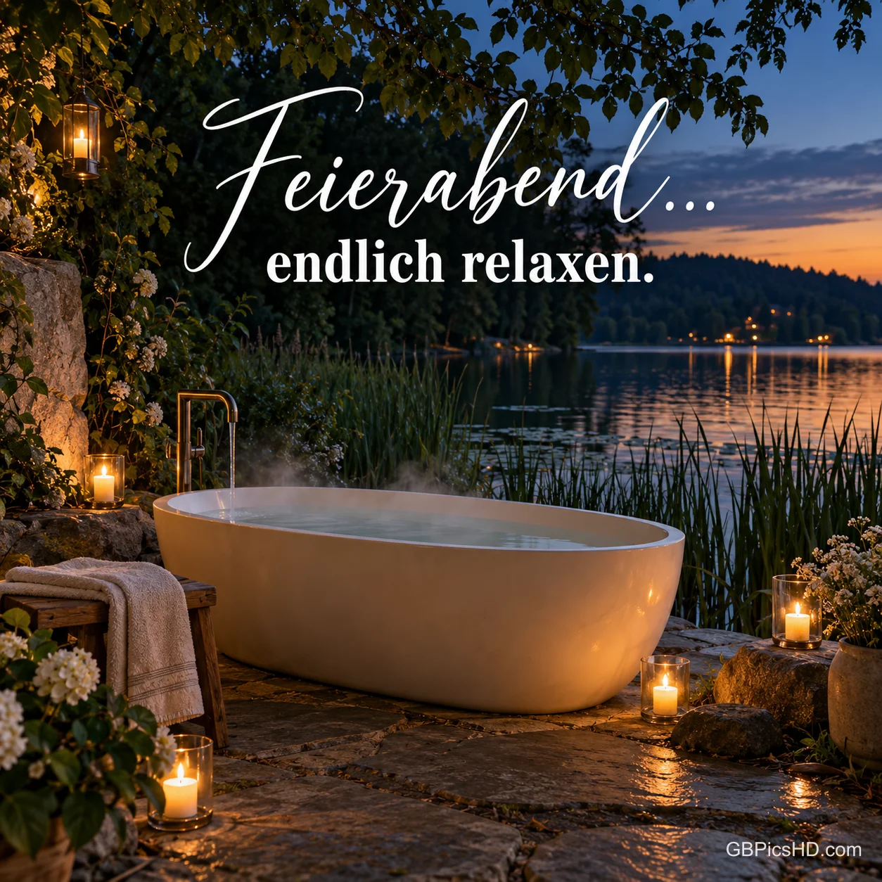 Eine freistehende Badewanne am Seeufer, umgeben von Kerzen in der Abenddämmerung, mit dem Text "Feierabend… endlich relaxen." Eine freistehende Badewanne am Seeufer, umgeben von Kerzen in der Abenddämmerung, mit dem Text "Feierabend… endlich relaxen."