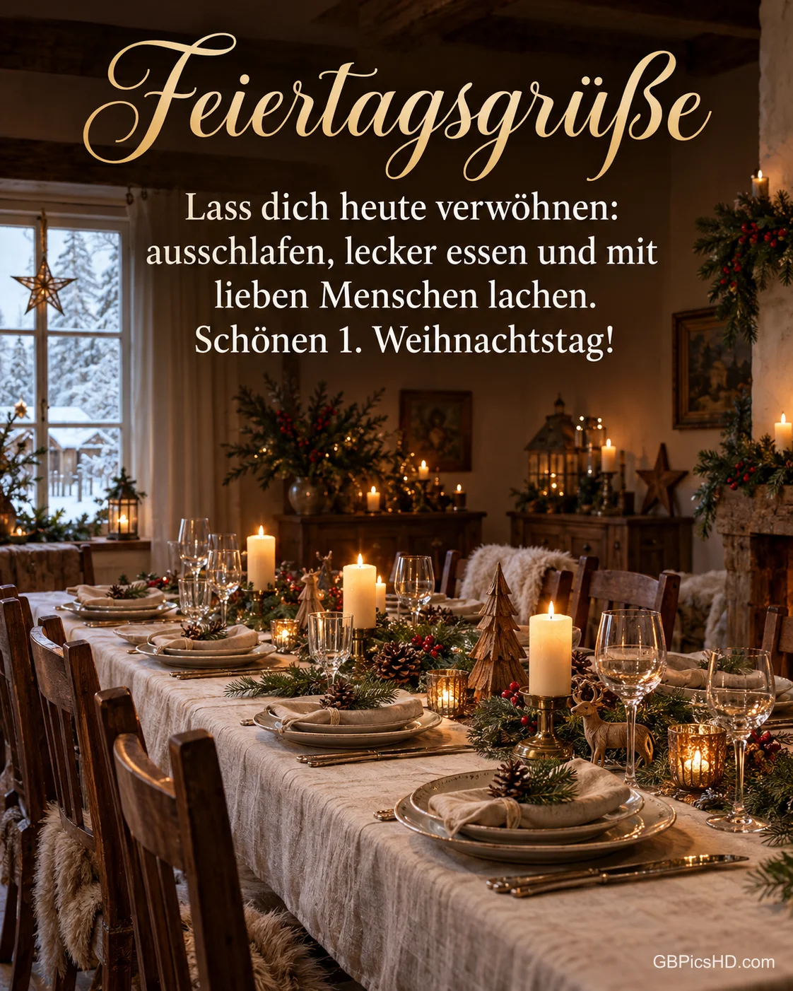 Eine festlich gedeckte lange Tafel mit Kerzen und Tannengrün in einem Bauernhaus, draußen ein verschneiter Garten, dazu „Feiertagsgrüße“.