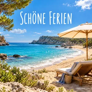 Eine sonnige Badebucht mit türkisfarbenem Meer, Sonnenschirm und Holzliege im Sand mit dem Gruß "Schöne Ferien".