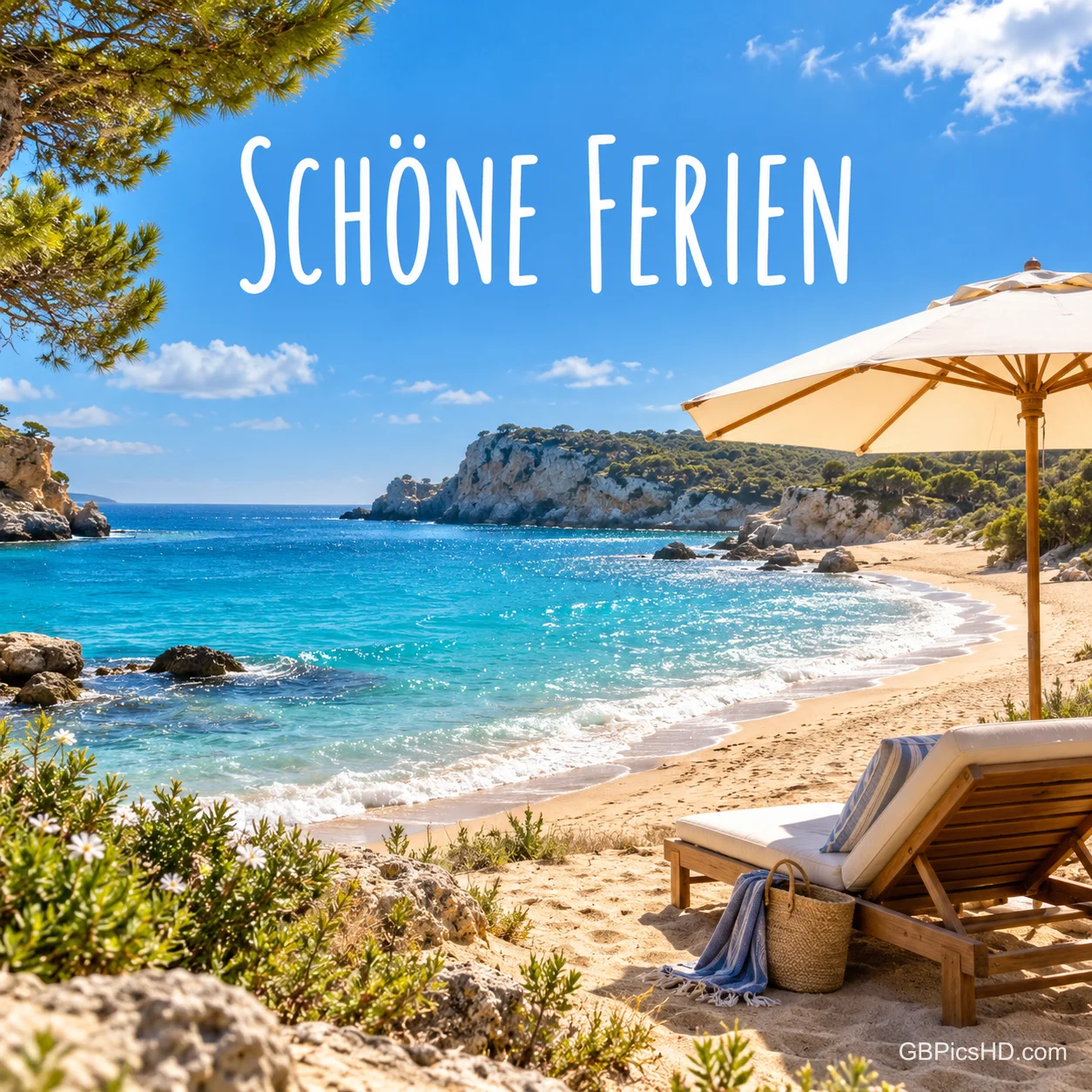 Eine sonnige Badebucht mit türkisfarbenem Meer, Sonnenschirm und Holzliege im Sand mit dem Gruß "Schöne Ferien". Eine sonnige Badebucht mit türkisfarbenem Meer, Sonnenschirm und Holzliege im Sand mit dem Gruß "Schöne Ferien".