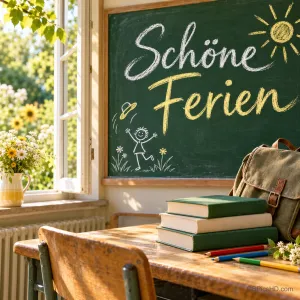Ein sonniges Klassenzimmer mit offenem Fenster, Büchern, Buntstiften und Schultasche vor einer Kreidetafel mit "Schöne Ferien" und einer hüpfenden Strichfigur.