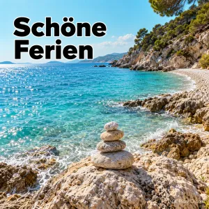 Ein kleiner Steinturm auf Felsen an einer klaren Mittelmeerbucht mit dem Gruß "Schöne Ferien".