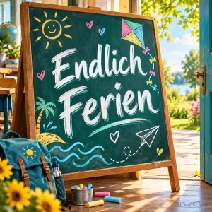 Eine Kreidetafel mit Sonne, Drachen, Palme und Papierflieger und dem Schriftzug "Endlich Ferien" steht neben einem Rucksack an der offenen Tür zum Garten.
