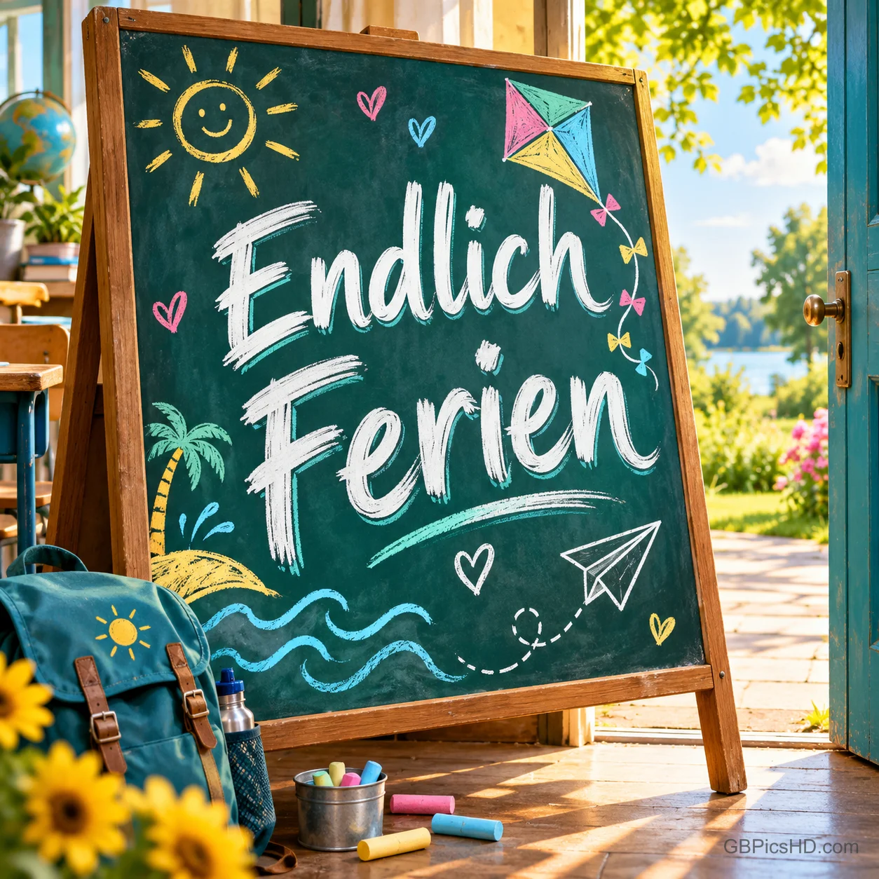 Eine Kreidetafel mit Sonne, Drachen, Palme und Papierflieger und dem Schriftzug "Endlich Ferien" steht neben einem Rucksack an der offenen Tür zum Garten. Eine Kreidetafel mit Sonne, Drachen, Palme und Papierflieger und dem Schriftzug "Endlich Ferien" steht neben einem Rucksack an der offenen Tür zum Garten.