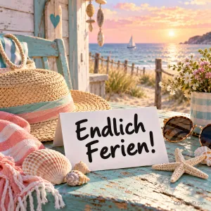 Strohhut, Sonnenbrille, Muscheln und Seestern auf einem Holztisch am Strand bei Sonnenuntergang mit einer Karte "Endlich Ferien!".