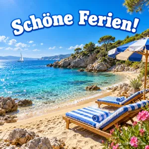 Zwei blau-weiß gestreifte Sonnenliegen mit Sonnenschirm an einer felsigen Badebucht unter blauem Himmel und dem Schriftzug "Schöne Ferien!".