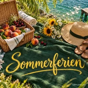Ein Picknickkorb mit Obst, ein Strohhut und Blumen liegen am Wasser auf einer grünen Decke mit dem Schriftzug "Sommerferien".