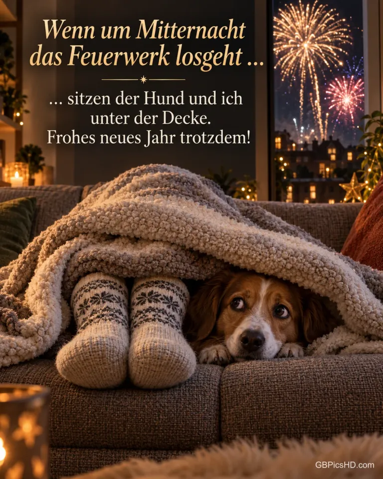 Füße in Wollsocken und ein Hund schauen unter einer Decke auf dem Sofa hervor, draußen blitzt Feuerwerk, dazu "Wenn um Mitternacht das Feuerwerk losgeht".