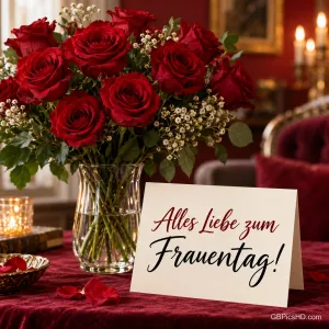 Strauß roter Rosen mit Schleierkraut in einer Glasvase auf rotem Samt, daneben eine Karte mit "Alles Liebe zum Frauentag!" im warmen Kerzenschein