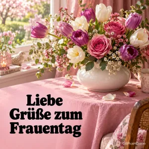 Üppiger Strauß aus Tulpen, Rosen und Frühlingsblüten in weißer Vase auf rosa Tischdecke am sonnigen Fenster, darunter "Liebe Grüße zum Frauentag"