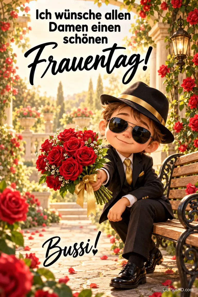 Gezeichneter Junge mit Hut, Sonnenbrille und Anzug sitzt auf einer Gartenbank und hält einen Strauß roter Rosen, dazu "Ich wünsche allen Damen einen schönen Frauentag!"