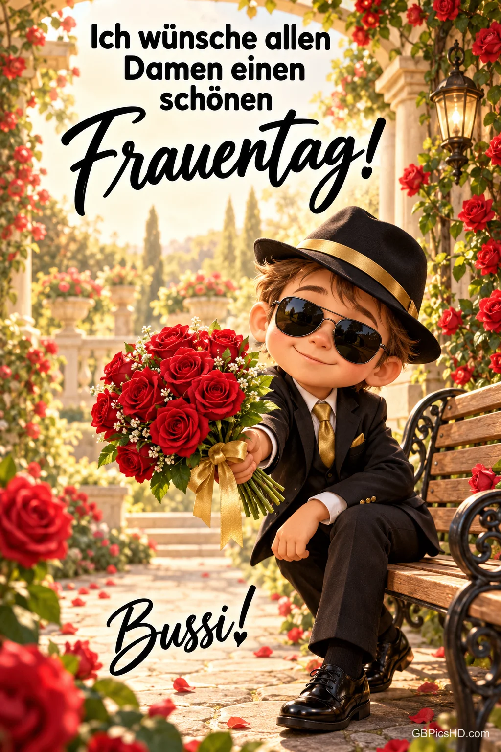 Gezeichneter Junge mit Hut, Sonnenbrille und Anzug sitzt auf einer Gartenbank und hält einen Strauß roter Rosen, dazu "Ich wünsche allen Damen einen schönen Frauentag!" Gezeichneter Junge mit Hut, Sonnenbrille und Anzug sitzt auf einer Gartenbank und hält einen Strauß roter Rosen, dazu "Ich wünsche allen Damen einen schönen Frauentag!"