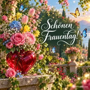 Herzförmige rote Glasvase mit Rosen, Tulpen und Hortensien in einem sonnigen Blumengarten mit Schmetterlingen, daneben "Schönen Frauentag!" in Schreibschrift