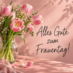 Rosa Tulpen mit Schleierkraut in einer Glasvase vor einer pfirsichfarbenen Wand mit Blattschatten, daneben "Alles Gute zum Frauentag!" in Handschrift