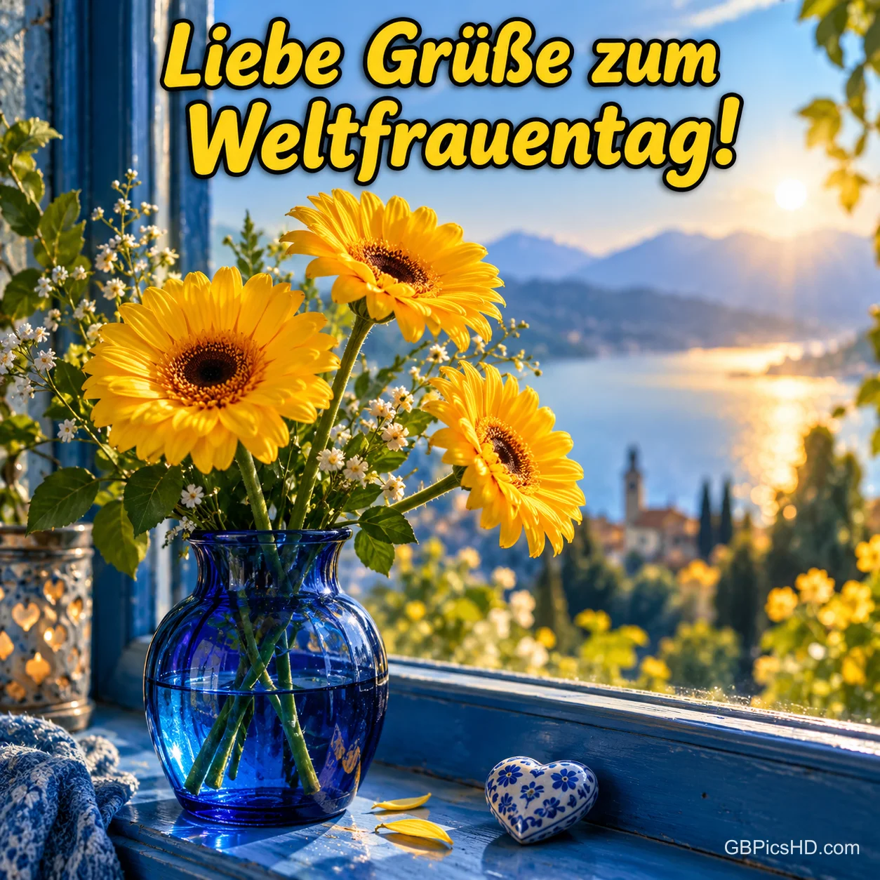 Gelbe Gerbera in einer blauen Vase am offenen Fenster mit Blick auf einen sonnigen See und Berge, darüber "Liebe Grüße zum Weltfrauentag!" Gelbe Gerbera in einer blauen Vase am offenen Fenster mit Blick auf einen sonnigen See und Berge, darüber "Liebe Grüße zum Weltfrauentag!"