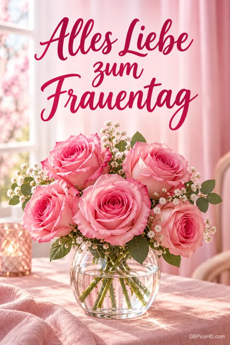 Rosa Rosen mit Schleierkraut in einer runden Glasvase auf einem rosa Tisch vor einem hellen Fenster, darüber "Alles Liebe zum Frauentag"