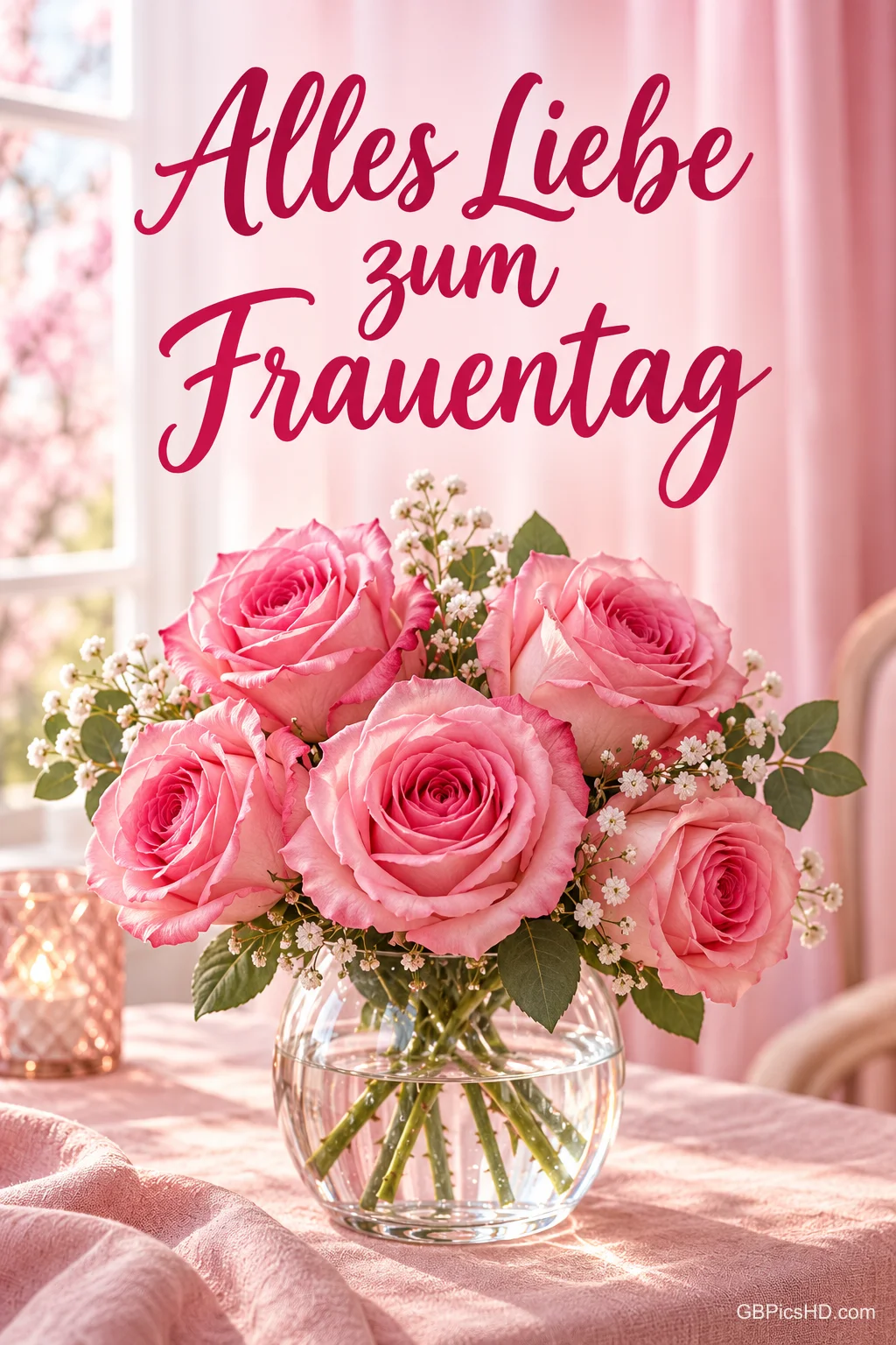 Rosa Rosen mit Schleierkraut in einer runden Glasvase auf einem rosa Tisch vor einem hellen Fenster, darüber "Alles Liebe zum Frauentag" Rosa Rosen mit Schleierkraut in einer runden Glasvase auf einem rosa Tisch vor einem hellen Fenster, darüber "Alles Liebe zum Frauentag"