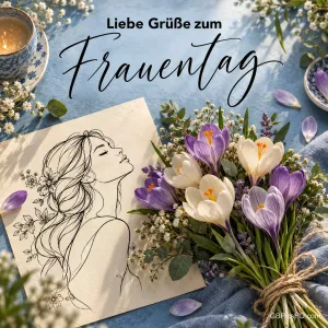Bleistiftzeichnung eines Frauenprofils auf Papier neben einem Strauß aus Krokussen und Freesien auf blauem Stoff, darüber "Liebe Grüße zum Frauentag"