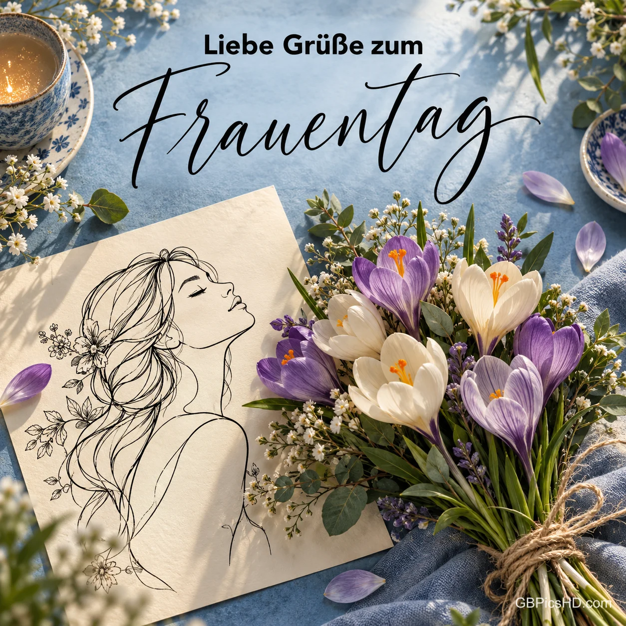 Bleistiftzeichnung eines Frauenprofils auf Papier neben einem Strauß aus Krokussen und Freesien auf blauem Stoff, darüber "Liebe Grüße zum Frauentag" Bleistiftzeichnung eines Frauenprofils auf Papier neben einem Strauß aus Krokussen und Freesien auf blauem Stoff, darüber "Liebe Grüße zum Frauentag"