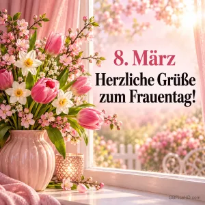 Frühlingsstrauß mit Tulpen, Narzissen und Kirschblüten in rosa Vase am sonnigen Fenster, daneben "8. März – Herzliche Grüße zum Frauentag!"