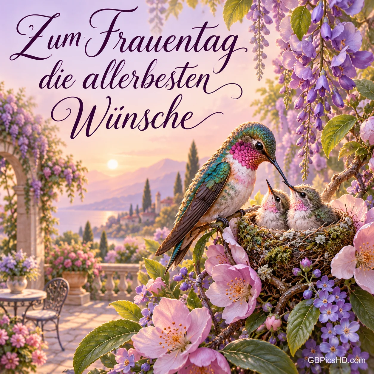 Kolibri sitzt an einem Nest mit zwei Küken zwischen Blüten und Glyzinien auf einer Terrasse mit Seeblick, darüber "Zum Frauentag die allerbesten Wünsche" Kolibri sitzt an einem Nest mit zwei Küken zwischen Blüten und Glyzinien auf einer Terrasse mit Seeblick, darüber "Zum Frauentag die allerbesten Wünsche"