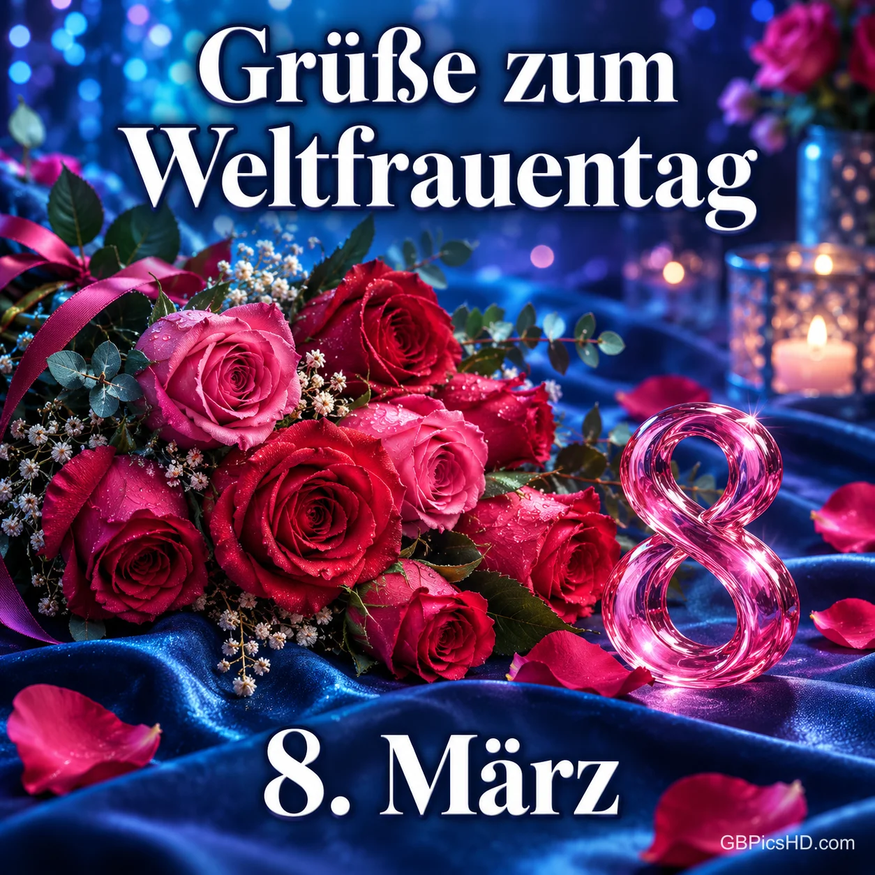 Strauß aus roten und rosa Rosen auf blauem Samt neben einer gläsernen rosa 8 und Kerzenlicht, dazu "Grüße zum Weltfrauentag" und "8. März" Strauß aus roten und rosa Rosen auf blauem Samt neben einer gläsernen rosa 8 und Kerzenlicht, dazu "Grüße zum Weltfrauentag" und "8. März"