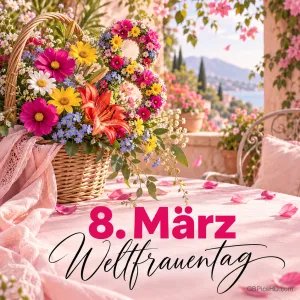 Korb mit bunten Sommerblumen und eine Acht aus Blüten auf einer rosa Terrasse am Meer, dazu "8. März" und "Weltfrauentag" in Schreibschrift