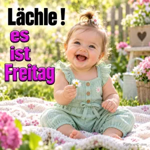 Ein lachendes Baby im mintgrünen Anzug sitzt mit einer Blume auf einer Decke im Garten; links steht "Lächle! Es ist Freitag".