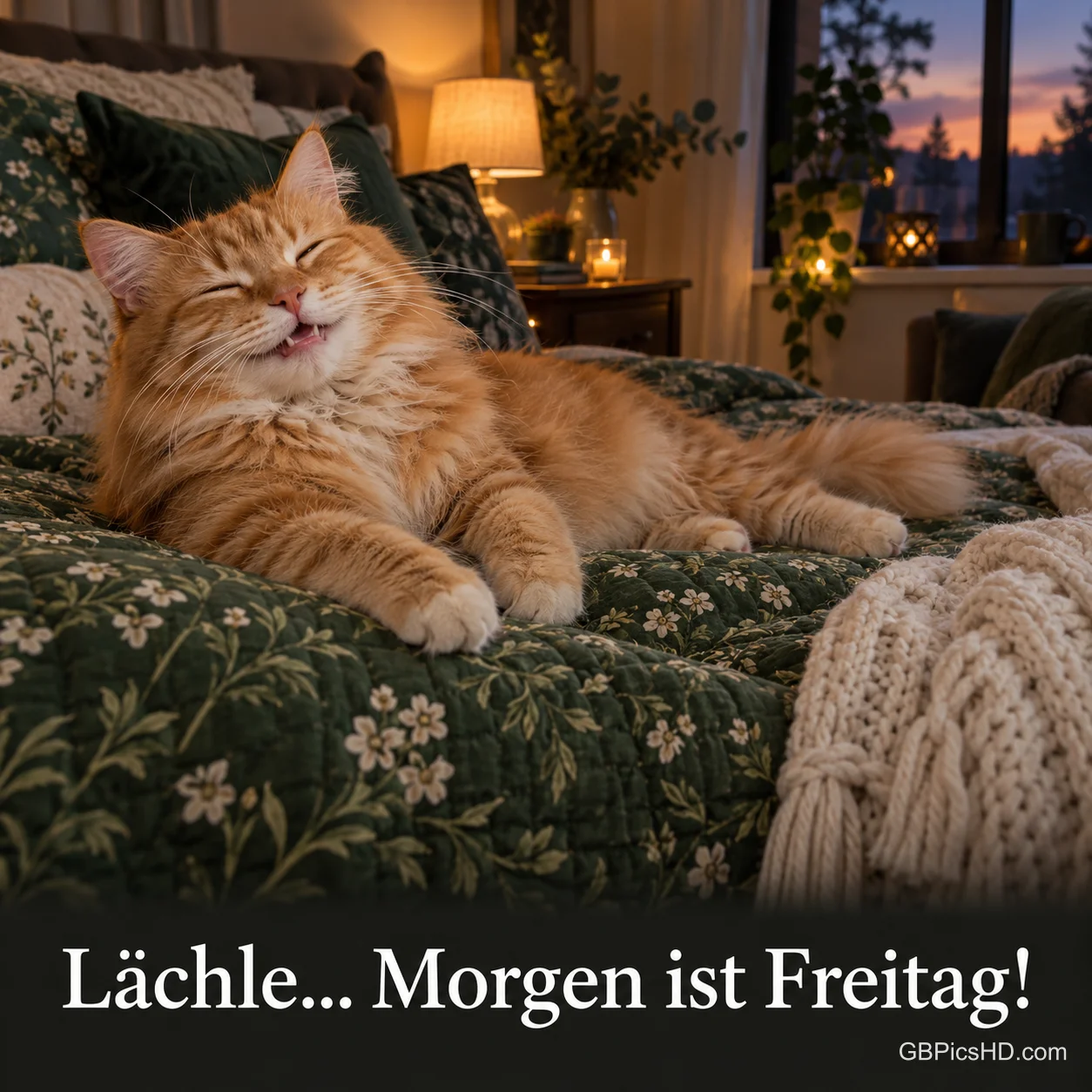 Eine orangefarbene Katze liegt auf einer grünen Blumendecke im warmen Schlafzimmer: "Lächle... Morgen ist Freitag!"