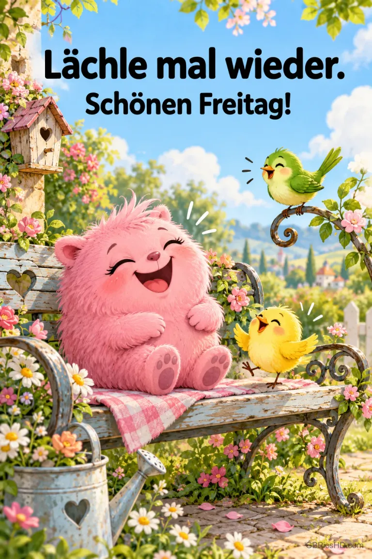 Ein rosa Fellwesen lacht mit zwei Vögeln auf und über einer Gartenbank: "Lächle mal wieder. Schönen Freitag!"