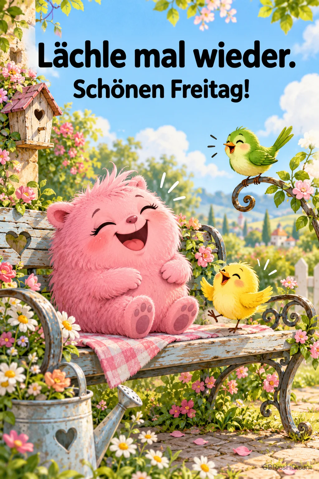 Ein rosa Fellwesen lacht mit zwei Vögeln auf und über einer Gartenbank: "Lächle mal wieder. Schönen Freitag!"
