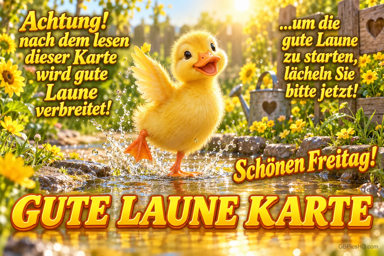 Ein gelbes Entenküken spritzt in einer Pfütze zwischen Blumen, begleitet von den Worten "Schönen Freitag!".