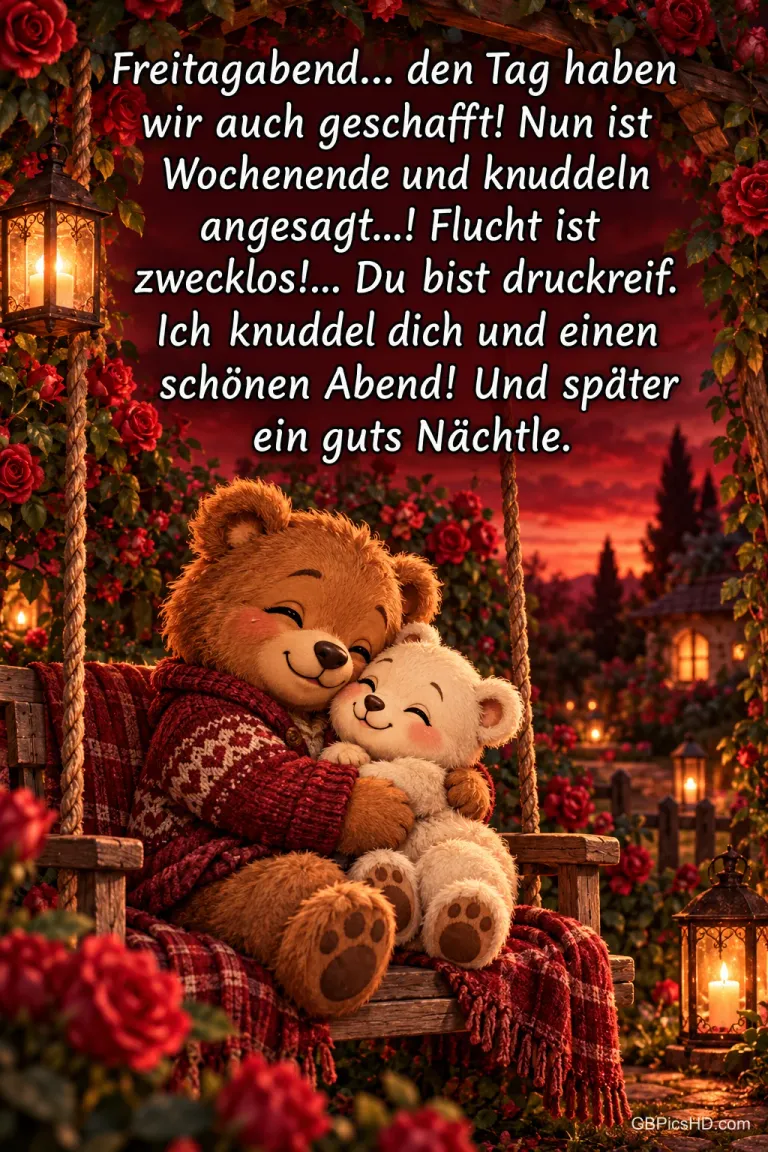 Zwei Teddybären kuscheln auf einer Schaukel zwischen roten Rosen und leuchtenden Laternen zum Gruß "Freitagabend...".