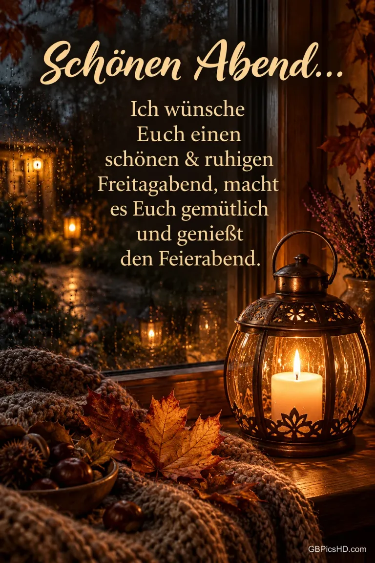 Eine Kerze in einer Metalllaterne steht neben Strickdecke, Herbstlaub und Kastanien am Regenfenster: "Schönen Abend...".