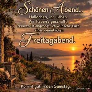 Ein Gartenweg mit Bank, Blumen und Laterne führt zum Blick auf einen See im Sonnenuntergang: "Schönen Abend...".