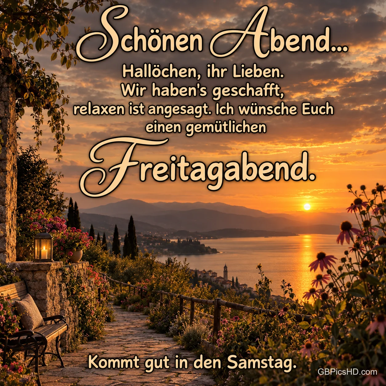 Ein Gartenweg mit Bank, Blumen und Laterne führt zum Blick auf einen See im Sonnenuntergang: "Schönen Abend...". Ein Gartenweg mit Bank, Blumen und Laterne führt zum Blick auf einen See im Sonnenuntergang: "Schönen Abend...".