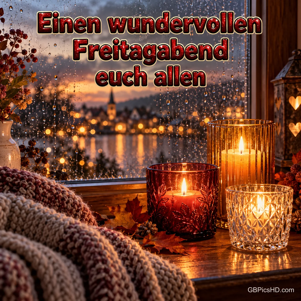 Drei Kerzengläser leuchten am Regenfenster mit Blick auf einen Ort am Wasser: "Einen wundervollen Freitagabend euch allen". Drei Kerzengläser leuchten am Regenfenster mit Blick auf einen Ort am Wasser: "Einen wundervollen Freitagabend euch allen".