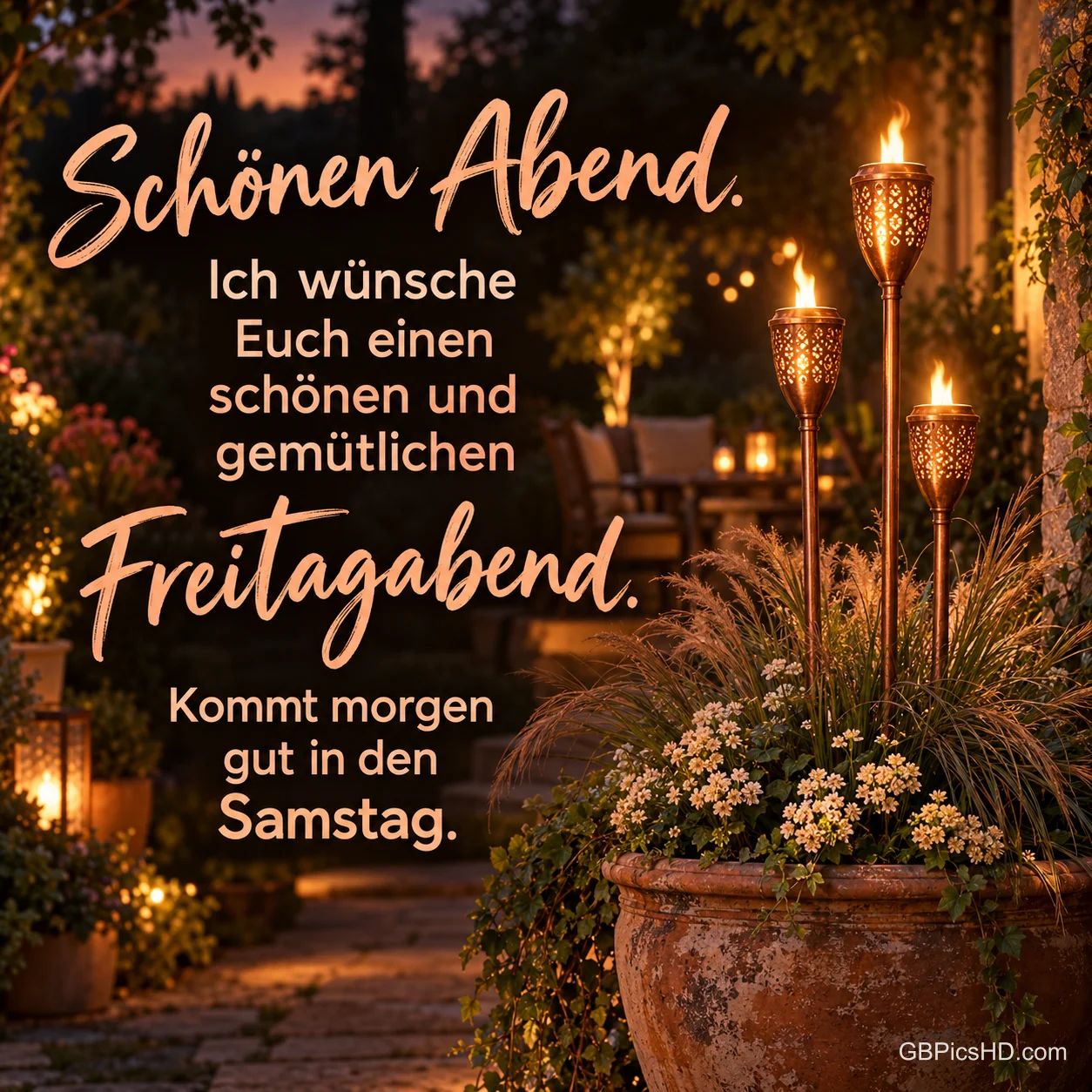 Drei brennende Gartenfackeln stehen in einem Blumentopf auf einer stimmungsvoll beleuchteten Terrasse: "Schönen Abend." Drei brennende Gartenfackeln stehen in einem Blumentopf auf einer stimmungsvoll beleuchteten Terrasse: "Schönen Abend."