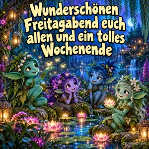 Vier Elfen sitzen an einem Teich mit leuchtenden Seerosen unter dem Gruß "Wunderschönen Freitagabend euch allen und ein tolles Wochenende".