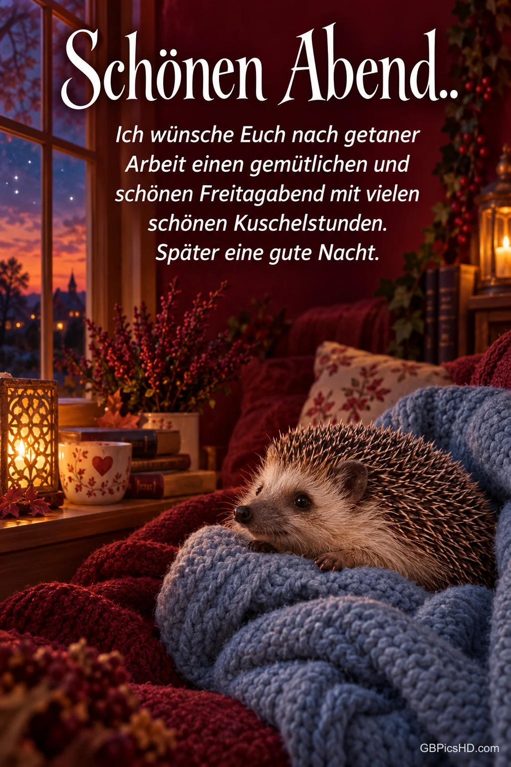 Ein Igel kuschelt auf einer blauen Strickdecke neben einem Fenster und einer Laterne unter dem Gruß "Schönen Abend..". Ein Igel kuschelt auf einer blauen Strickdecke neben einem Fenster und einer Laterne unter dem Gruß "Schönen Abend..".