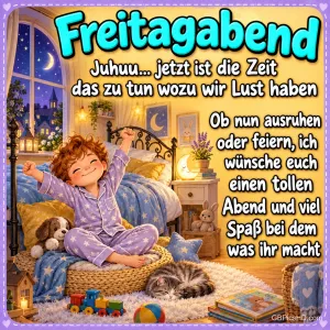 Ein Kind im Sternenpyjama streckt die Arme aus; eine Katze schläft im gemütlichen Schlafzimmer unter dem Gruß "Freitagabend".