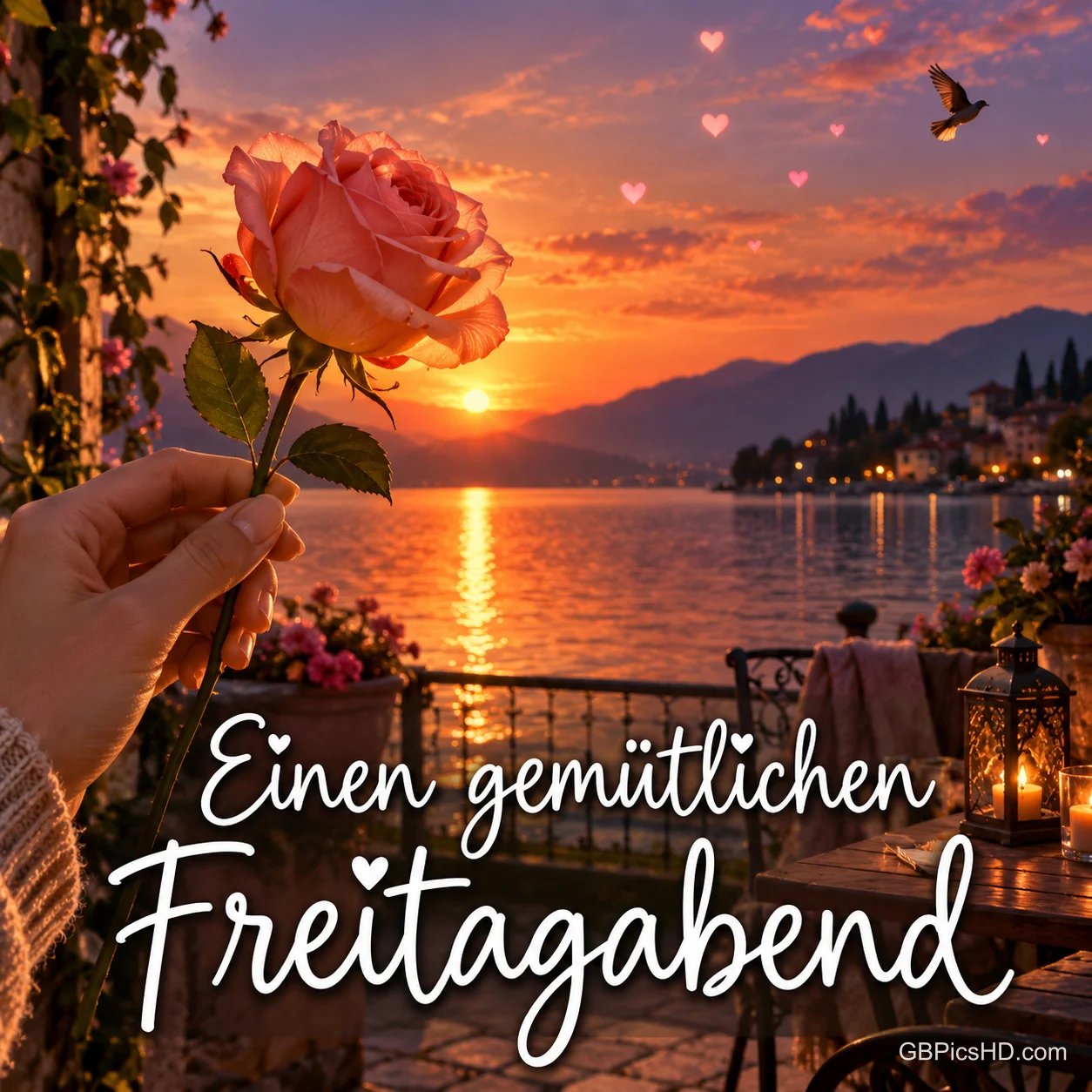 Eine Hand hält eine rosa Rose vor einem See im Sonnenuntergang; darunter steht "Einen gemütlichen Freitagabend".