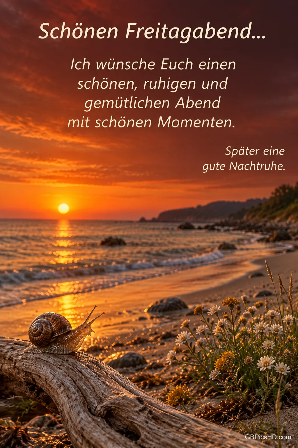 Eine Schnecke sitzt auf Treibholz am Strand neben weißen Blüten im Sonnenuntergang unter dem Gruß "Schönen Freitagabend...".