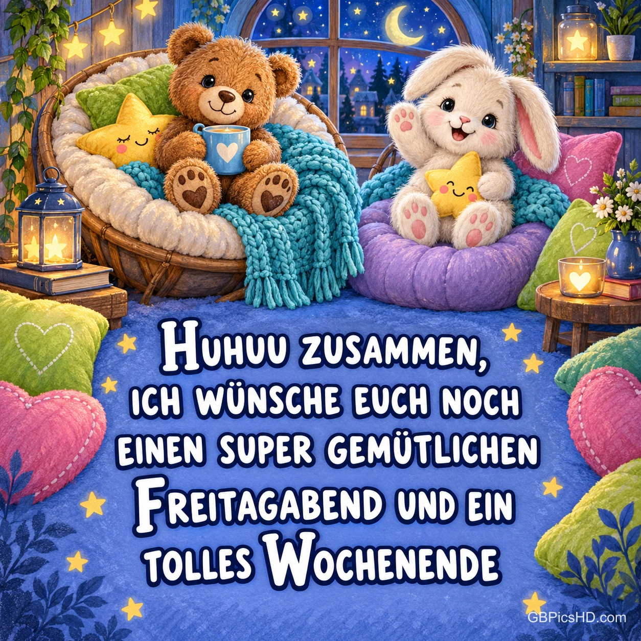 Ein Teddybär mit einer Tasse und ein weißer Plüschhase mit einem Stern sitzen zwischen Kissen über dem Gruß "Huhuu zusammen,".
