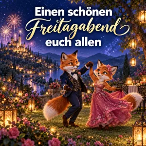 Zwei festlich gekleidete Füchse tanzen bei Laternenlicht vor einem Schloss mit Feuerwerk unter dem Gruß "Einen schönen Freitagabend euch allen".