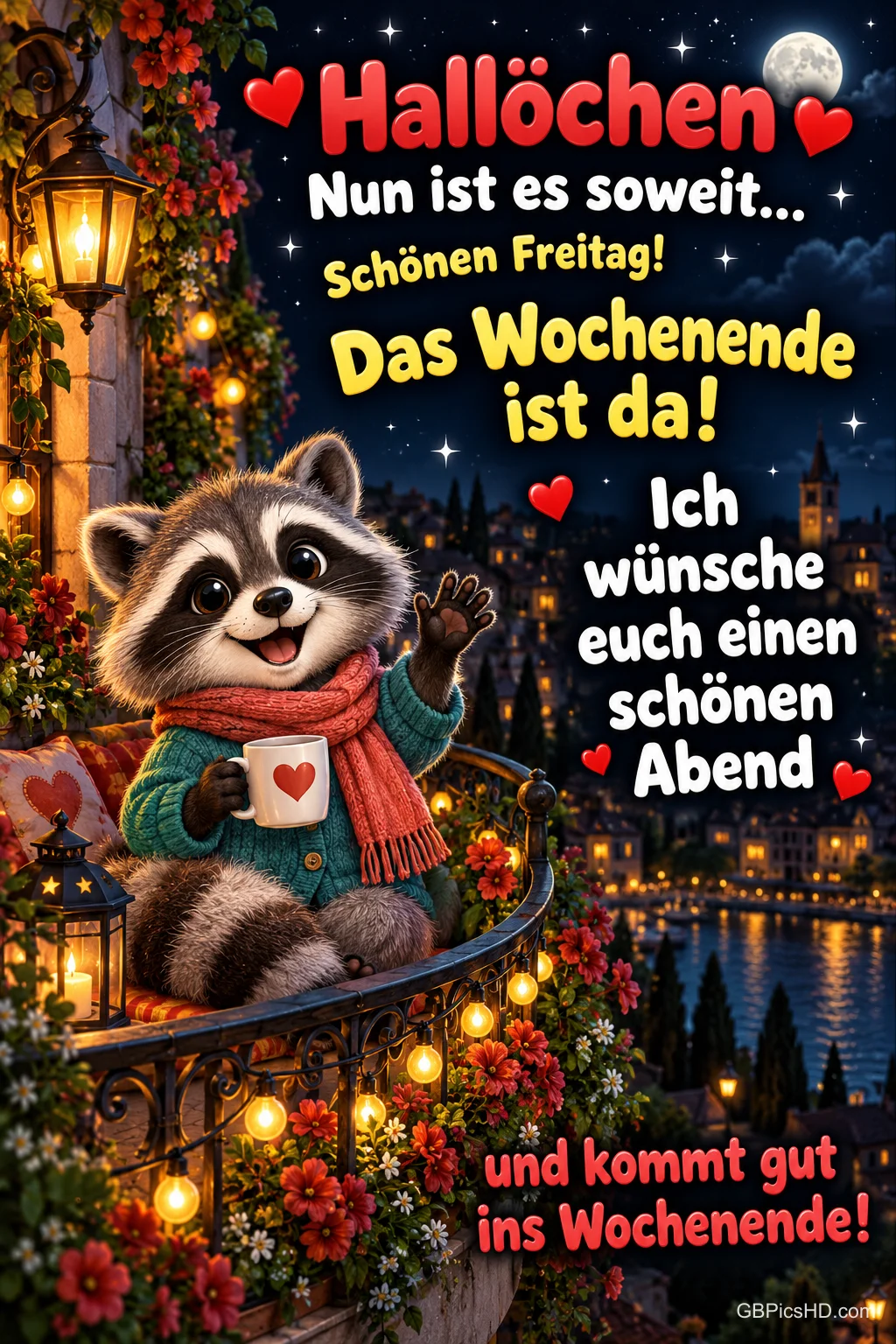 Ein Waschbär mit Schal und Tasse winkt auf einem blumengeschmückten Balkon vor einer nächtlichen Stadt: "Schönen Freitag!".