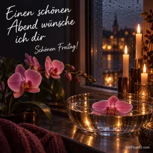 Rosa Orchideen, eine Glasschale und Kerzen stehen am Regenfenster beim Gruß "Einen schönen Abend wünsche ich dir Schönen Freitag!".