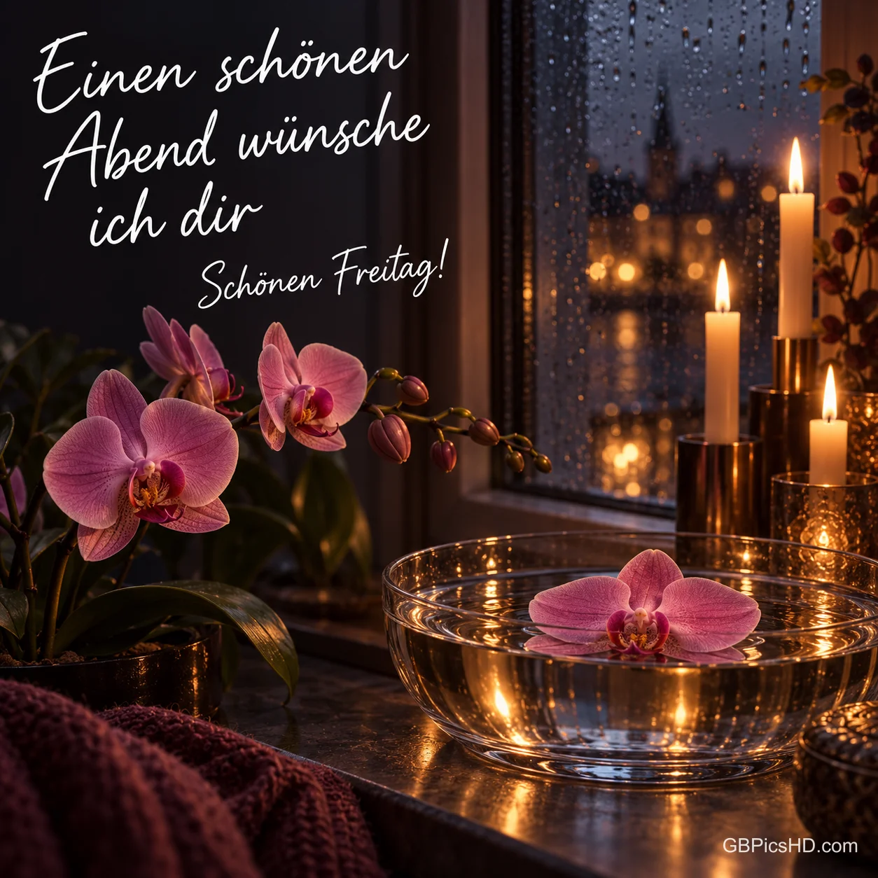 Rosa Orchideen, eine Glasschale und Kerzen stehen am Regenfenster beim Gruß "Einen schönen Abend wünsche ich dir Schönen Freitag!".