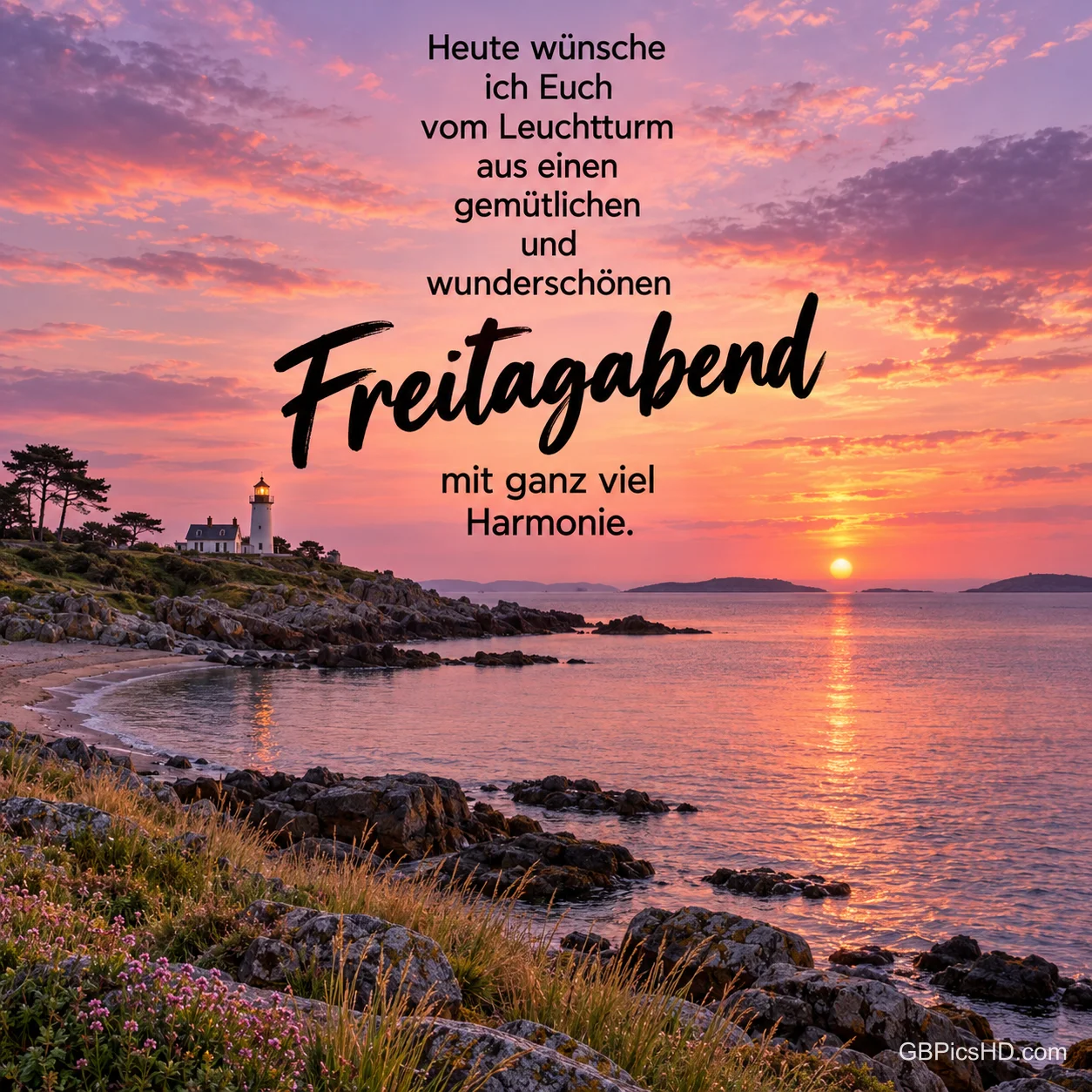 Ein Leuchtturm an einer felsigen Küste im Sonnenuntergang mit dem Gruß "Freitagabend mit ganz viel Harmonie.".