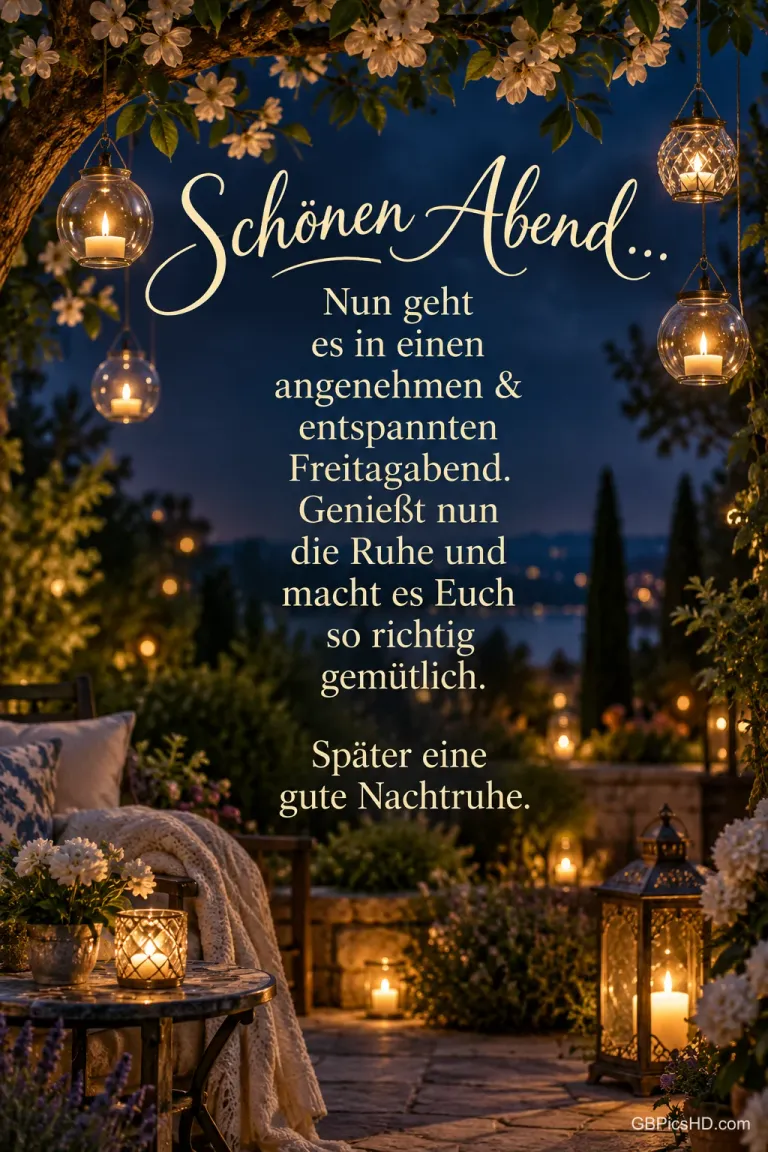 Eine gemütliche Gartenterrasse mit Blüten, Kerzen und hängenden Laternen trägt den Gruß "Schönen Abend...".